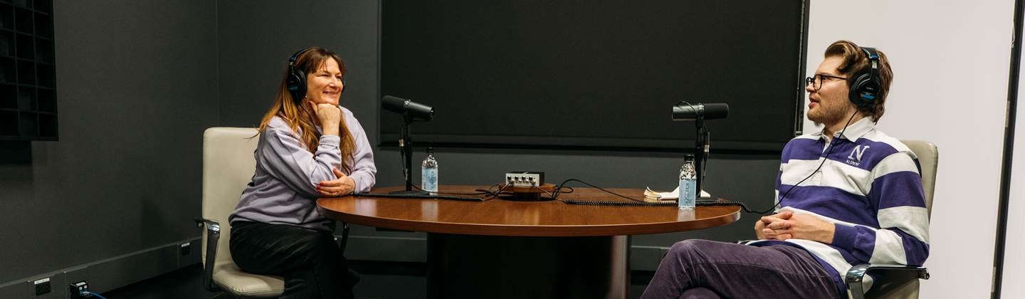 Ana Gasteyer and Max Herteen in the Kushner Podcast Studio 