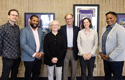 From left to right, RTVF professors Zayd Dohrn and Thomas Bradshaw; Van Zelst family members Julie Orr, Rob Orr, Jean Bierne; and Tracey Scott Wilson.