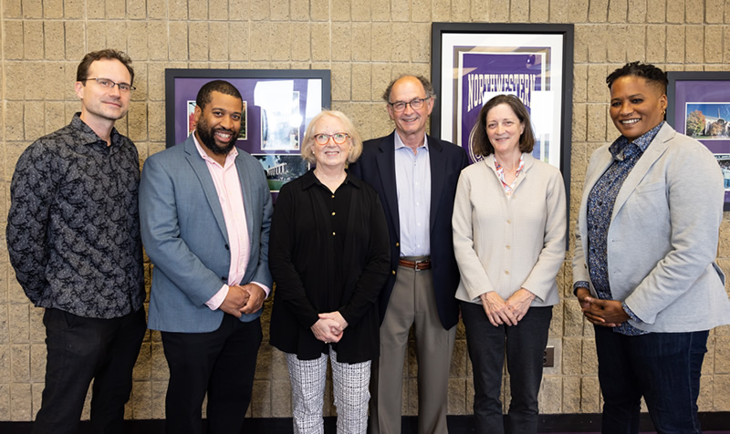 Pictured are RTVF professors Zayd Dohrn and Thomas Bradshaw; Van Zelst family members Julie Orr, Rob Orr, Jean Bierne; and Tracey Scott Wilson.